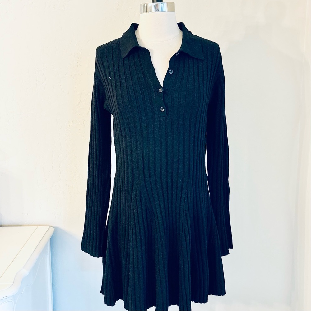 French Connection Vhari Ribbed Button Up Mini Dress, Wool Blend, Black, Sz M NWT